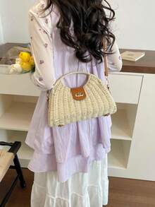 Borsa in paglia beige con tracolla regolabile e rimovibile, design leggero e portatile con chiusura a torsione, e texture intrecciata alla moda e versatile. Ideale per vacanze, spiaggia o shopping. - Beige - Visualizzare 3