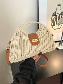 Borsa in paglia beige con tracolla regolabile e rimovibile, design leggero e portatile con chiusura a torsione, e texture intrecciata alla moda e versatile. Ideale per vacanze, spiaggia o shopping. - Beige - Visualizzare 10