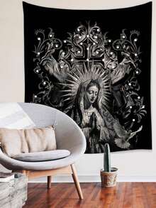 Goth 1pc Dark Holy Lady White Dove & Cross Printed Polyester Tapestry, Suitable For Daily Living Room Bedroom Wall Decoration, Camping Decoration, All Seasons - Multicolor - View 3