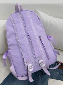 3-Piece Nylon Solid Color Backpack Set, Foldable Multi-Pocket Large Capacity Zipper Backpack, Suitable For Teenagers And High School Students - Purple - View 5