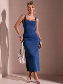 Vestido de mezclilla sin mangas de unicolor y estilo casual para uso diario de mujeres - Azul lavado medio - Ver 4