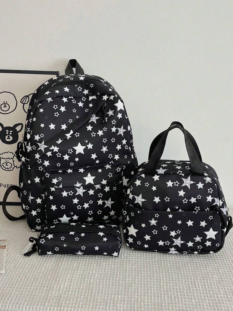 Set Of 3 Nylon Bow Print Backpacks, Large Capacity Foldable Backpack With Multiple Pockets And Waterproof Zipper, Suitable For Teenagers, High School Students - Negro 4 - View 1