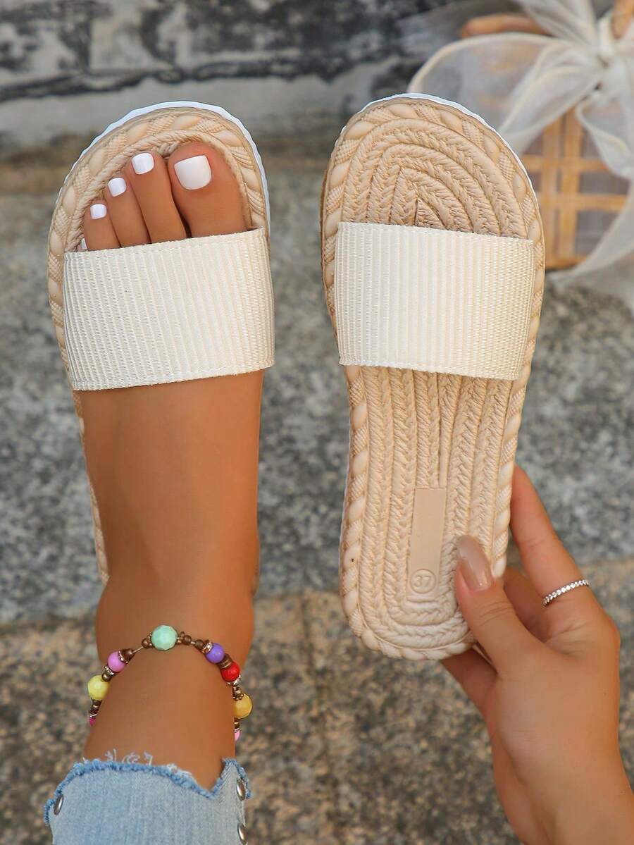 女款寬楦頭平底夾腳涼拖鞋，仿亞麻底帶綁帶，度假風，夏季日常戶外沙灘拖鞋，米色 - 米色 - 查看 1