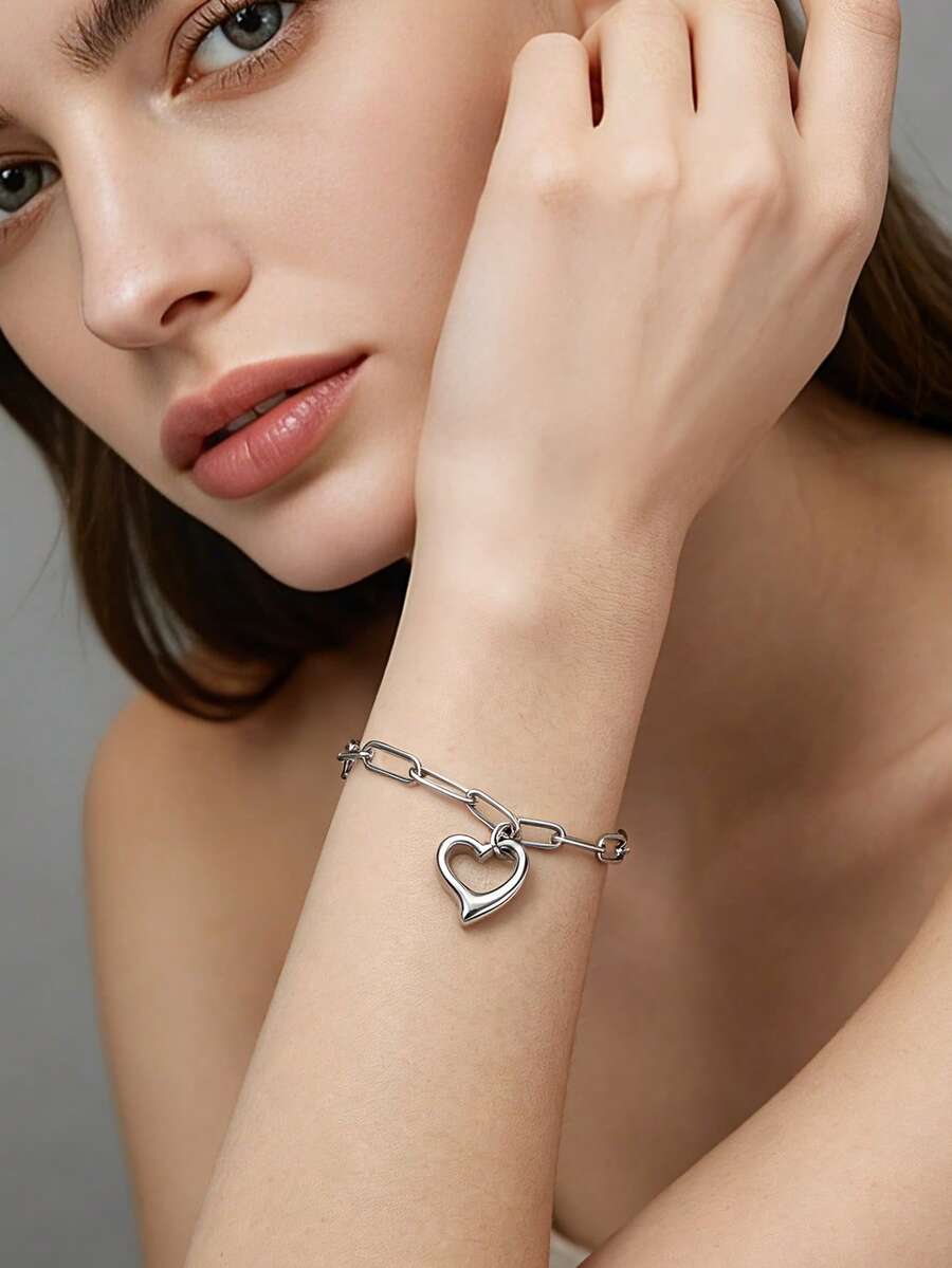 MONALLY Minimalist Hollow Silver Heart Charm Link Bracelet Stainless Steel Love Bracelets For Teen Girls Women Birthday Gift Daily Wear Fashion Jewelry - Love Bracelet - View 1