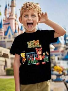 Camiseta Infantil con Diseño de Oso Aventurero Cuello Redondo Cómodo Moda para Niños Estilo Aventura y Diversión Juego Creativo Divertido - Negro - Ver 1