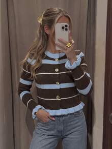 Women's Autumn/Winter Casual Elegant Ruffle Trim Colorful Striped Contrast Collar Cardigan Top, Outing Top, Back To School Outfit Fall - Multicolor - View 8