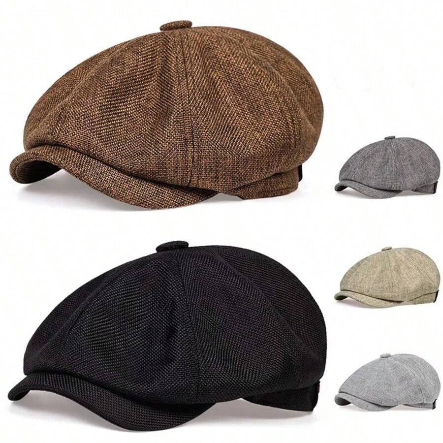 1pc Men's Short Brim Solid Color Linen Newsboy Cap, Outdoor Party Elegant Beret, Spring/Autumn Baseball Cap - One Size Fits All - View 1