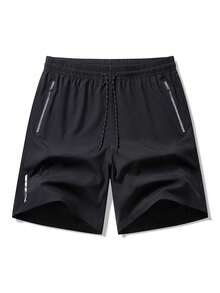 Plus Size Men's Summer Outdoor Sports Shorts, Elastic Waist Drawstring Pocket Zipper Design CasualBermuda Shorts - Black - View 2