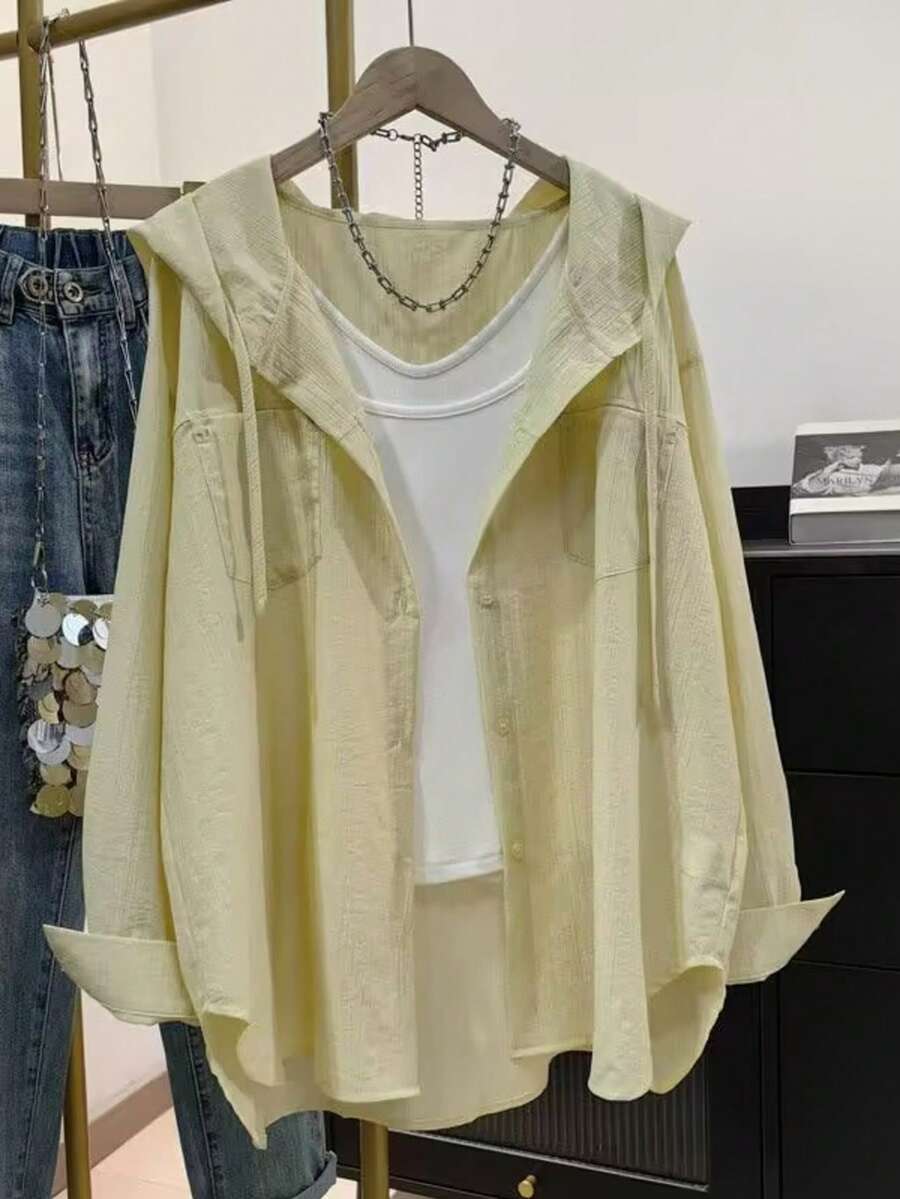 女款休閒百搭純色連帽襯衫 黃色 - 黃色 - 查看 1