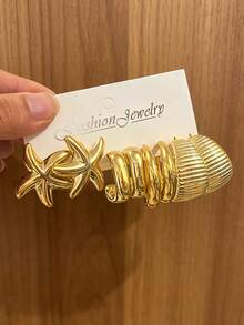 Juego de 8-32 piezas de pendientes de moda para mujer en color dorado, con diseños de concha, forma de C lisa, forma de C de panal y otros, para fiestas de moda, viajes de vacaciones, regalo de compromiso, adecuado para diversas ocasiones. - Dorado - Ver 11