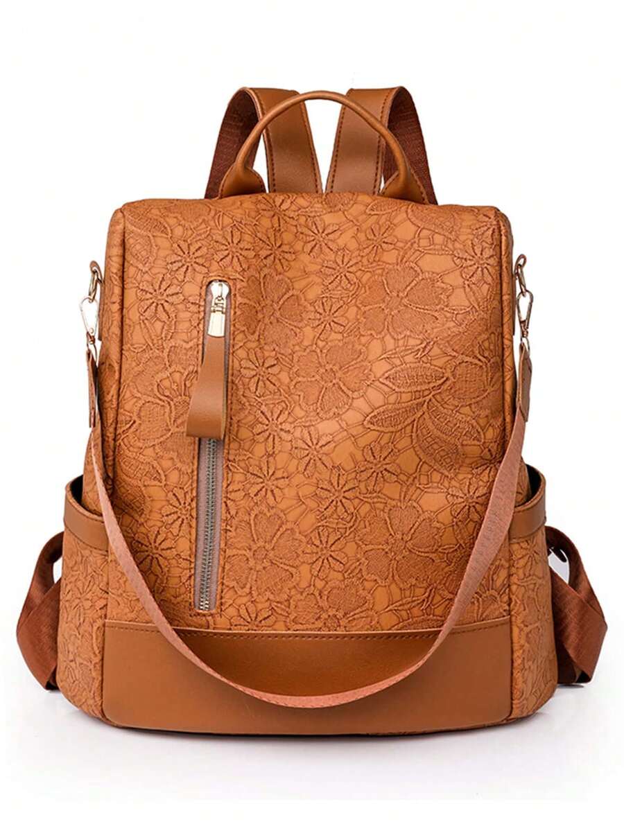 Large Capacity Backpack With Zipper Closure And Plain Style, For Everyday Casual Use - Khaki - View 1