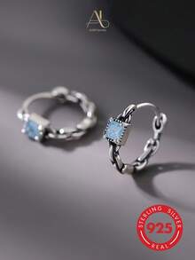 1 Pair Vintage Distressed S925 Sterling Silver Chain Square Light Blue Zirconia Ear Cuffs, Suitable For Women's Daily Commute, Couple Wear, Street Style, Birthday, Anniversary And Holiday Gifts - Antique Silver - View 7