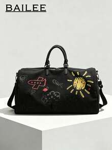 BAILEE A Casual Fashion Solid Color Graffiti Style Large Capacity Travel Bag, Suitable For Shoulder Carry, Outfit Matching, And Also As A Gift Choice - Black - View 2