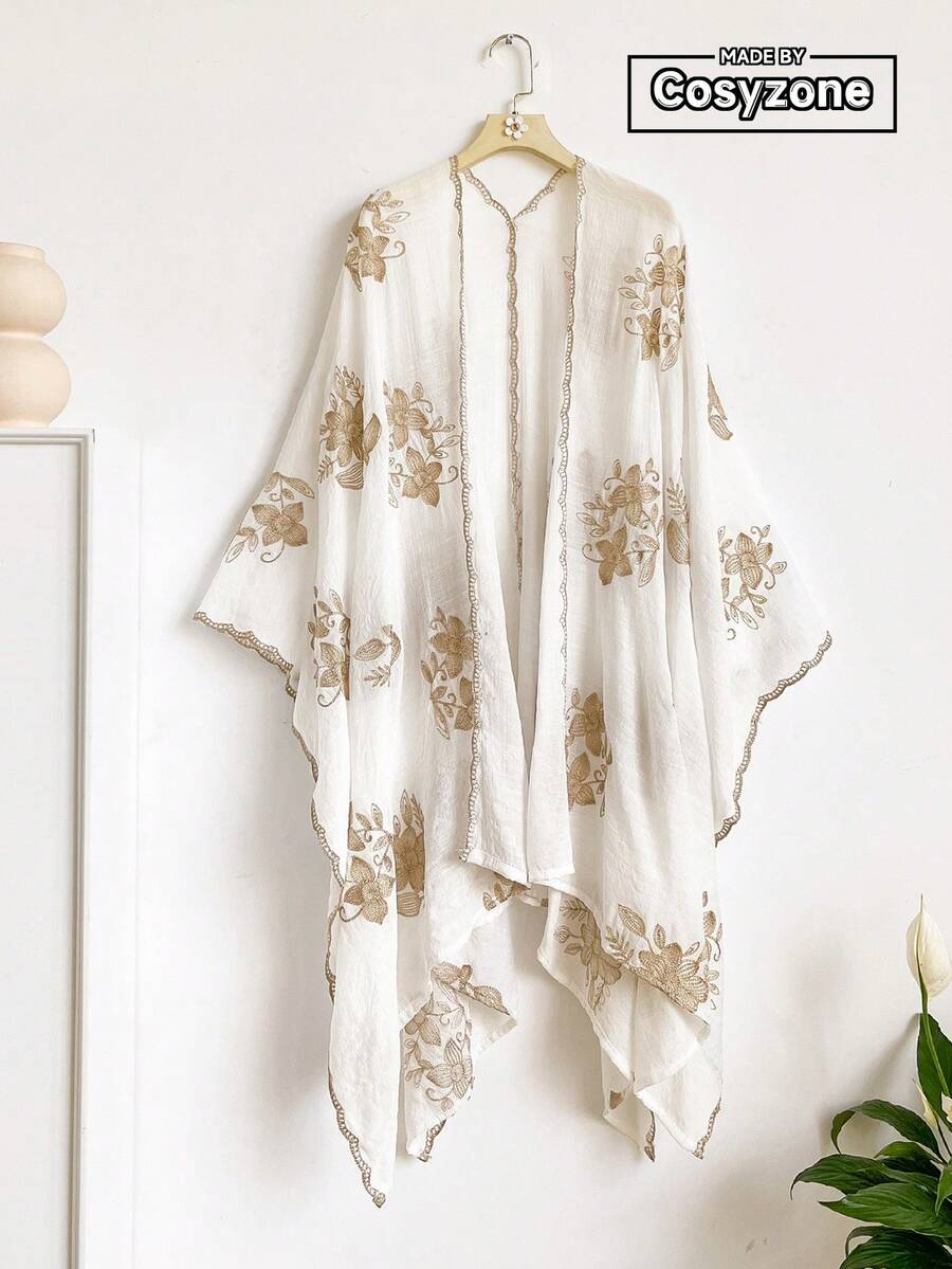1件優雅設計花卉圖案波希米亞風刺繡開襟披肩女款和服式圍裙 春夏外穿沙龍裙 海灘度假防曬抗UV刺繡開襟衫 時尚百搭奢華裝飾款 適合日常穿著 送禮首選 - 白色 - 查看 1