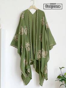 1件優雅設計花卉圖案波希米亞風刺繡開襟披肩女款和服/圍裙，春夏海灘度假防曬罩衫，刺繡開襟衫，時尚百搭輕盈奢華裝飾，適合日常穿著，禮物首選 - 綠色 - 查看 1