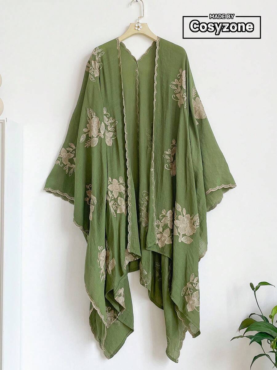 1件優雅設計花卉圖案波希米亞風刺繡開襟披肩女款和服/圍裙,春夏海灘度假防曬罩衫,刺繡開襟衫,時尚百搭輕盈奢華裝飾,適合日常穿著,禮物首選 - 綠色 - 查看 1