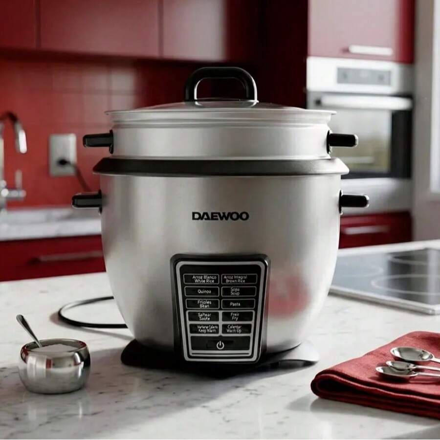 Arrocera eléctrica multifuncional Daewoo capacidad de 2.2 litros, 10 funciones en 1, panel digital 10 funciones programables (cocinar, mantener caliente, preparar sopas, al vapor, etc.) potencia de 700 watts, Incluye taza de medición y cuchara para mayor precisión - Tipo de Enchufe A USA (110-127V) - Ver 1