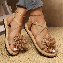 Elegantes sandalias planas florales para mujer, sandalias decoradas con grandes flores, zapatos planos casuales de punta abierta para todas las estaciones, sandalias ligeras y cómodas de est - Azul - Ver 9