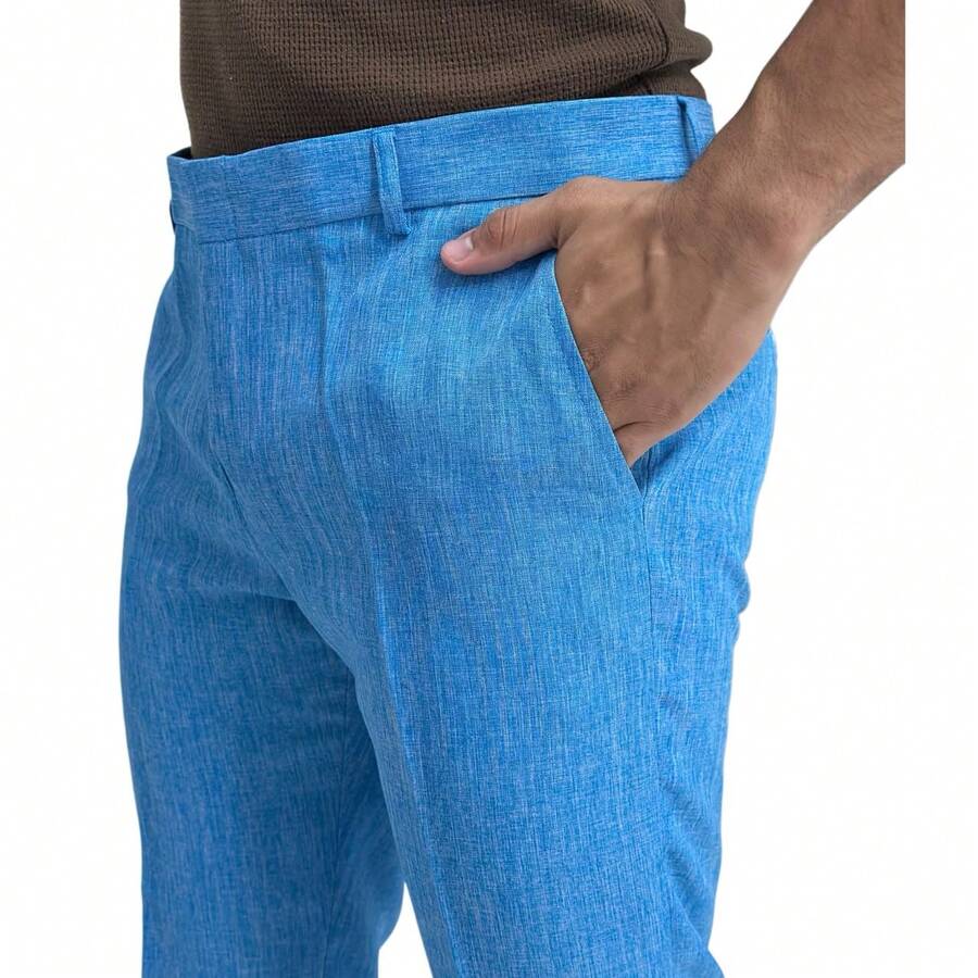 Men's Slim Fit Melange Tailored Trousers - 青碧色 - 查看 1