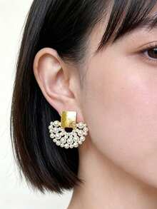 1 Pair Elegant Square Pearl Cluster Earrings, Luxury Vintage Style Women's Jewelry, Suitable For Party, Banquet, Travel And Daily Wear - Gold - View 3