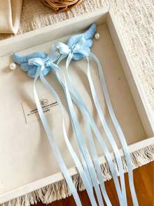 2pcs Cute Angel Wings Long Ribbon Hair Clips, Sweet Pearl Bow Hair Accessories For Girls, Decorative Side Hair Clips - Multicolor - View 5