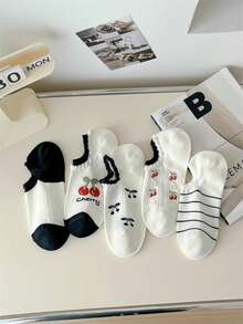 5 pares de calcetines cortos de mujer de verano con diseño de cereza, calcetines tipo barco, calcetines invisibles, calcetines de malla de algodón fino, diseño de dibujos animados lindos - Multicolor - Ver 11