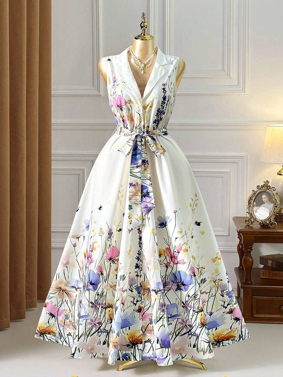 Rometta Vestido sin mangas de talla grande, nuevo lanzamiento primavera/verano, estilo retro francés elegante, color crema albaricoque, estampado floral, con solapa y cintura ceñida - Multicolor - Ver 1
