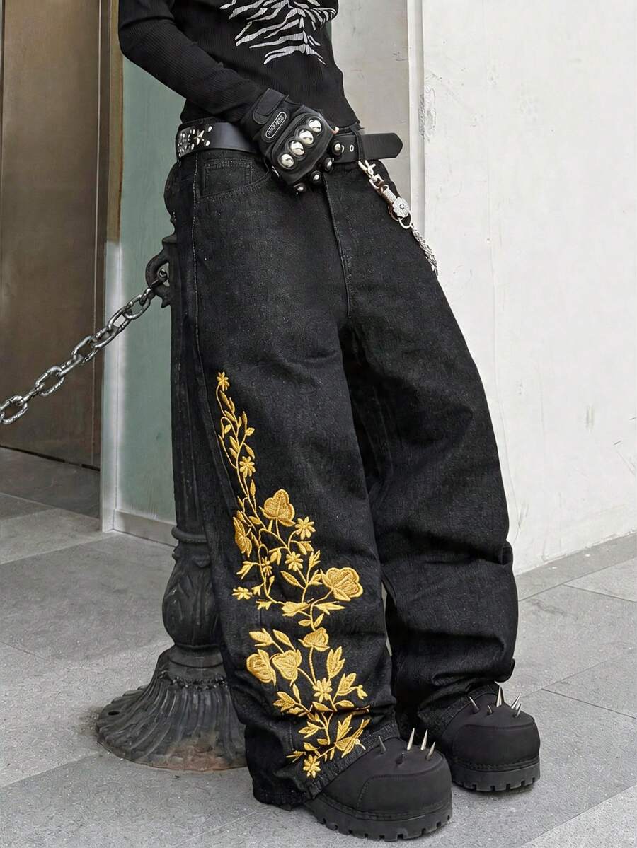 Hearty Haven 1件裝男士時尚街頭風刺繡寬腿牛仔褲，寬鬆舒適四季百搭丹寧長褲，不含腰帶與配件