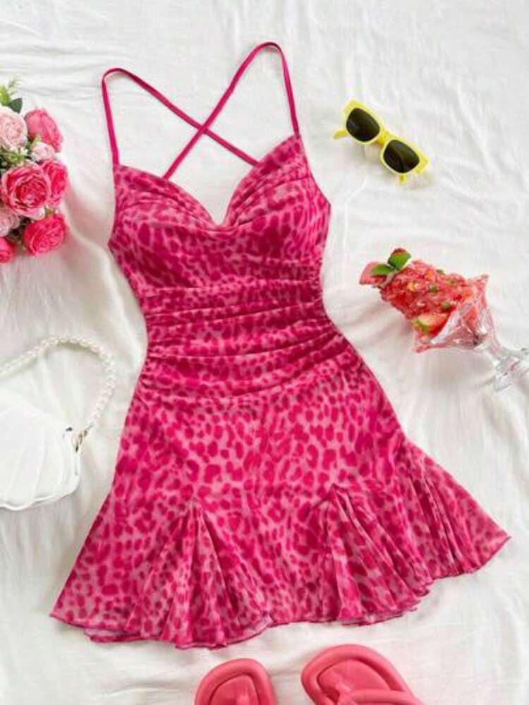 davidsonw  Vestido mini de mujer para vacaciones con tirantes finos, escote pronunciado, espalda descubierta, lazo, bajo estilo sirena, estilo - Rosa Fucsia - Añade 1