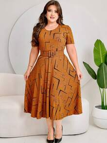GODÊ MIDI DRESS WITH FULL SKIRT WITH BELT AND GEOMETRIC PRINT - Camel - Ver 6