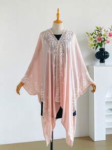 IROJEFF 1pc Elegant Floral Pattern Bohemian Style Embroidered Split Shawl Kimono Sarong For Women, Spring/Summer Outerwear, Beach Vacation Sun Protection, Embroidered Cardigan, Fashionable Versatile Lightweight Luxury Decor, Suitable For Daily Matching, Gift Choice - Pink - View 2