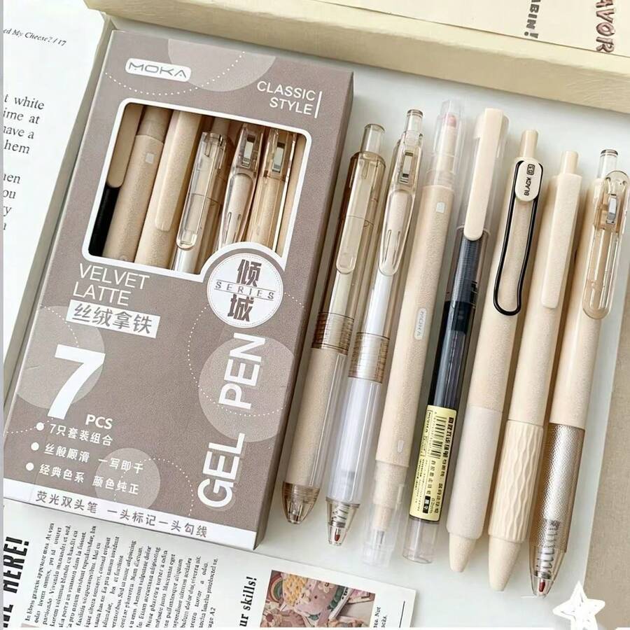 7件組天鵝絨拿鐵美學凝膠筆套組,ST筆尖快乾黑色墨水,可伸縮混合墨水筆,防水,柔軟握感,順滑細筆尖書寫文具,適合學生筆記、學校辦公、趣味學習用品,開學必備 - 多款式 - 查看 1