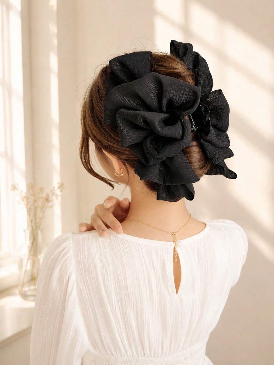 topshiny Elegant Black Wide Layered Ruffle Bow Hair Clip, Hair Accessory For Women