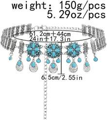 Cadena de Cintura Étnica para Mujer con Adornos Metálicos Exóticos, Borlas Turquesas y Flores en Forma de Gota - D - Ver 4