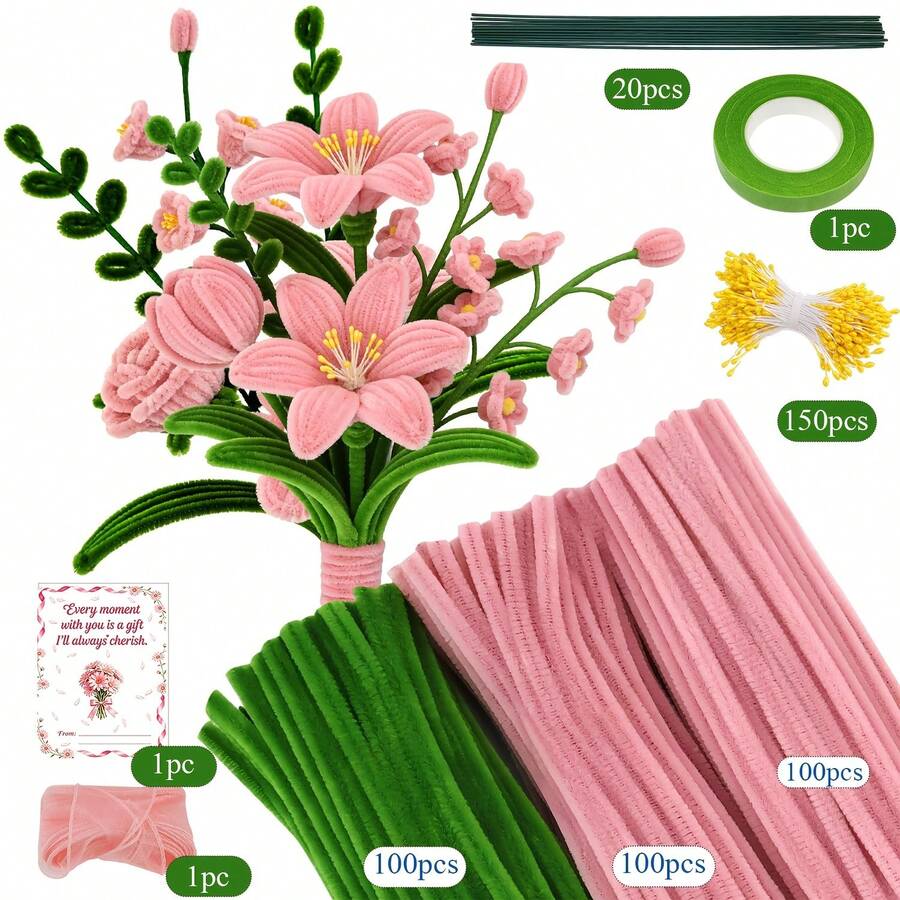 Kit de manualidades de flores con 473 piezas de limpiapipas para ramo, con tarjeta de felicitación y video tutorial, set todo en uno de suministros para hacer flores DIY, paquete de accesorios texturizados multicolor, kit premium de tallos de chenilla