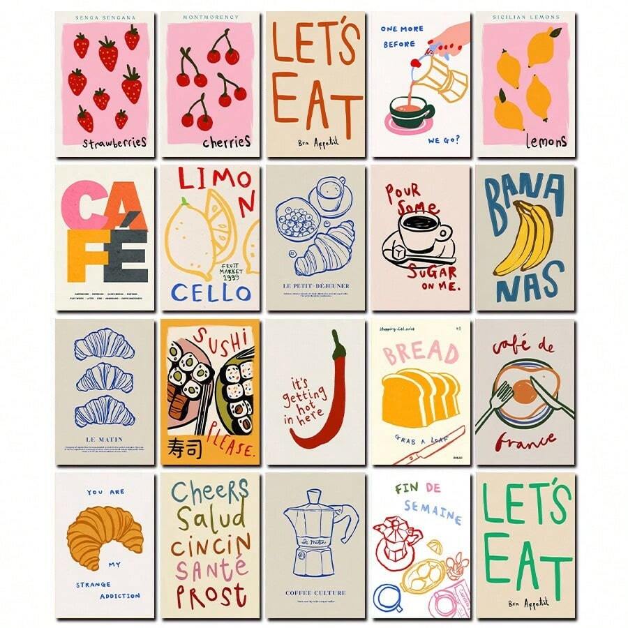 20pcs Light-Colored Food Doodle Poster Art Wall Decor Wooden Greeting Cards, Reusable, Suitable For Mailing And Collecting, Applicable For Living Room, Bedroom, Study, Dorm - Cartoon - View 1