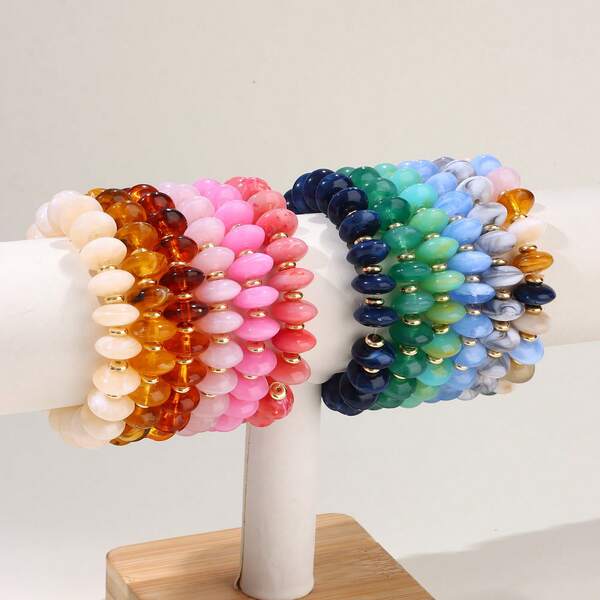 Bead Bracelet For Women Vibrant Color Resin Beads Bracelets Elastic Stretch Chunky Bracelet Boho Summer Beach Vacation Jewelry