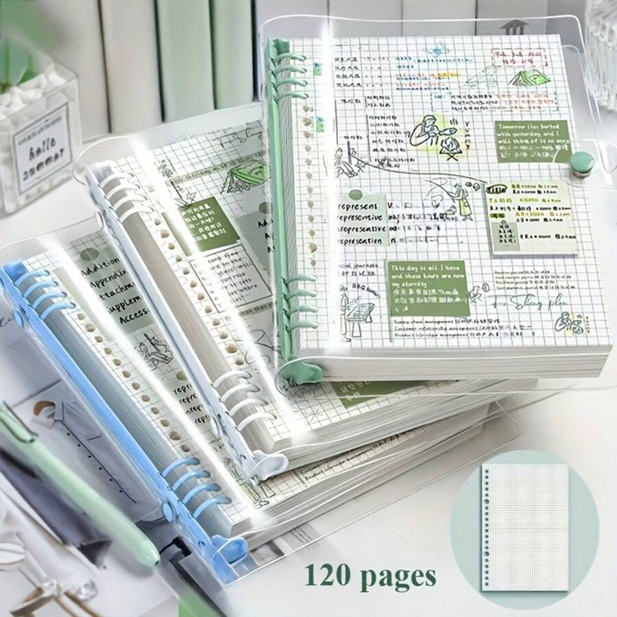 1pc A5 Grid Notebook, 120 Pages, Perforated Pages, Removable Spiral Binding, PVC Cover, Daily Office Supplies, Perfect Gift Choice, Minimalist Style, Music Elements, Replaceable Core. - 120 Pages - View 1