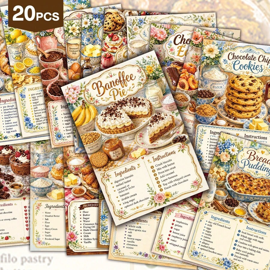 20 Vintage Dessert Recipe Postcards - Classic Dessert Recipe Cards With Detailed Ingredients And Steps, Dessert Recipe Wall Collage Decor Set, Home Kitchen Decoration, Gift For Baking Enthusiasts - B - View 1