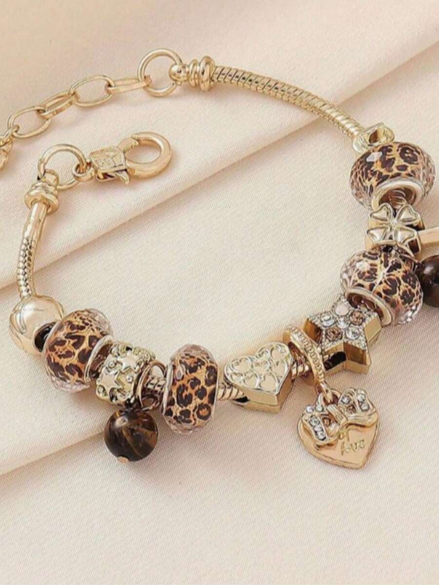 1pc Personalized DIY Beaded Bracelet, Leopard Print Beads, Heart Butterfly Star Charms, Adjustable, Christmas Gift, Versatile Daily Accessory For Kids - Multicolor - View 1