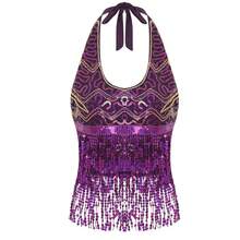 1 pieza Top de sujetador halter hecho a mano con lentejuelas y flecos con cordones, top corto de danza del vientre para mujer, atuendo estilo sari bohemio, disfraz retro para festival, rave, fiesta, discoteca, playa, ropa exótica, accesorios de playa para mujer - Multicolor - Ver 16