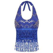 1 pieza Top de sujetador halter hecho a mano con lentejuelas y flecos con cordones, top corto de danza del vientre para mujer, atuendo estilo sari bohemio, disfraz retro para festival, rave, fiesta, discoteca, playa, ropa exótica, accesorios de playa para mujer - Multicolor - Ver 20