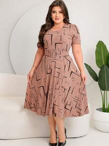 GODÊ MIDI DRESS WITH FULL SKIRT WITH BELT AND GEOMETRIC PRINT - Beis - Ver 6