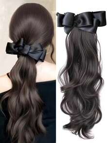 Elegant Synthetic Silk Bowknot Banana Claw Clip Ponytail Wig With Grab Clip Long Wavy Layered Ponytail For Women Daily Use, Halloween - Multicolor - View 2