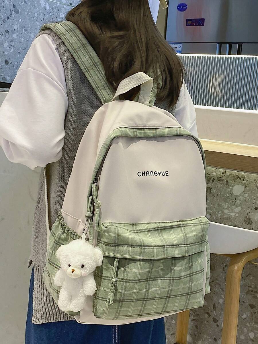 Mochila impermeable y liviana a cuadros con decoración de muñecas, mochila escolar para graduados, adolescentes, estudiantes de primer año, estudiantes de segundo año, jóvenes y mayores en l - Albaricoque - Ver 1