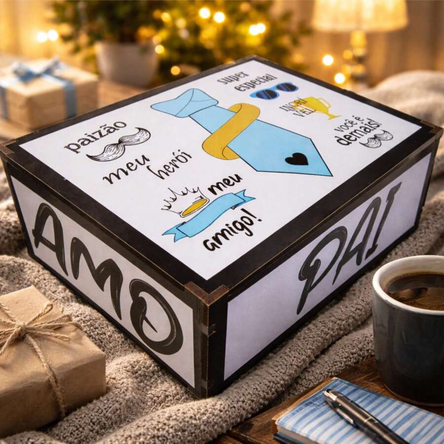 Caixa Para Presente Dia Dos Pais Decoração Gravata 23x17x9 Cm - Branco - Visão 1