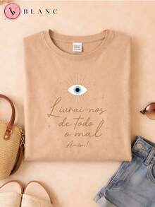 Camiseta Feminina Cristã 100% Algodão Livrai-nos de Todo o Mal Estampada Manga Curta Casual - Bege - Visão 2