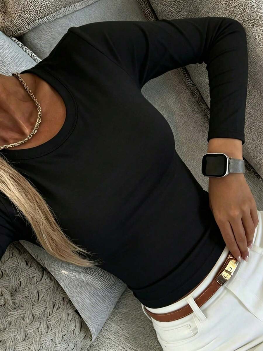 Camiseta de manga corta minimalista de unicolor para mujer, uso casual de todos los días en verano - Negro - Ver 1