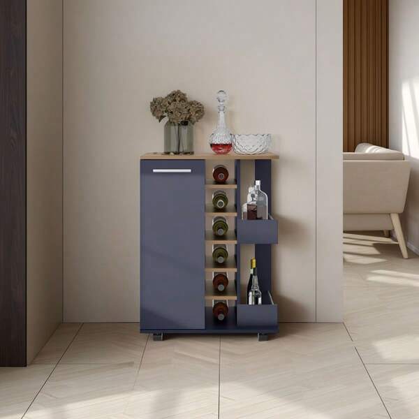 Gabinete de bar Carefree, estantes para botellas, estantes de doble lado, diseño moderno en ceniza Kronos y azul Kronos.