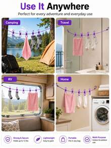 1 Set Portable Outdoor Camping Clothesline With 12 Clips, Travel Retractable Windproof Elastic Rope, Essential Camping Tool For Hanging Clothes - Multicolor - View 3